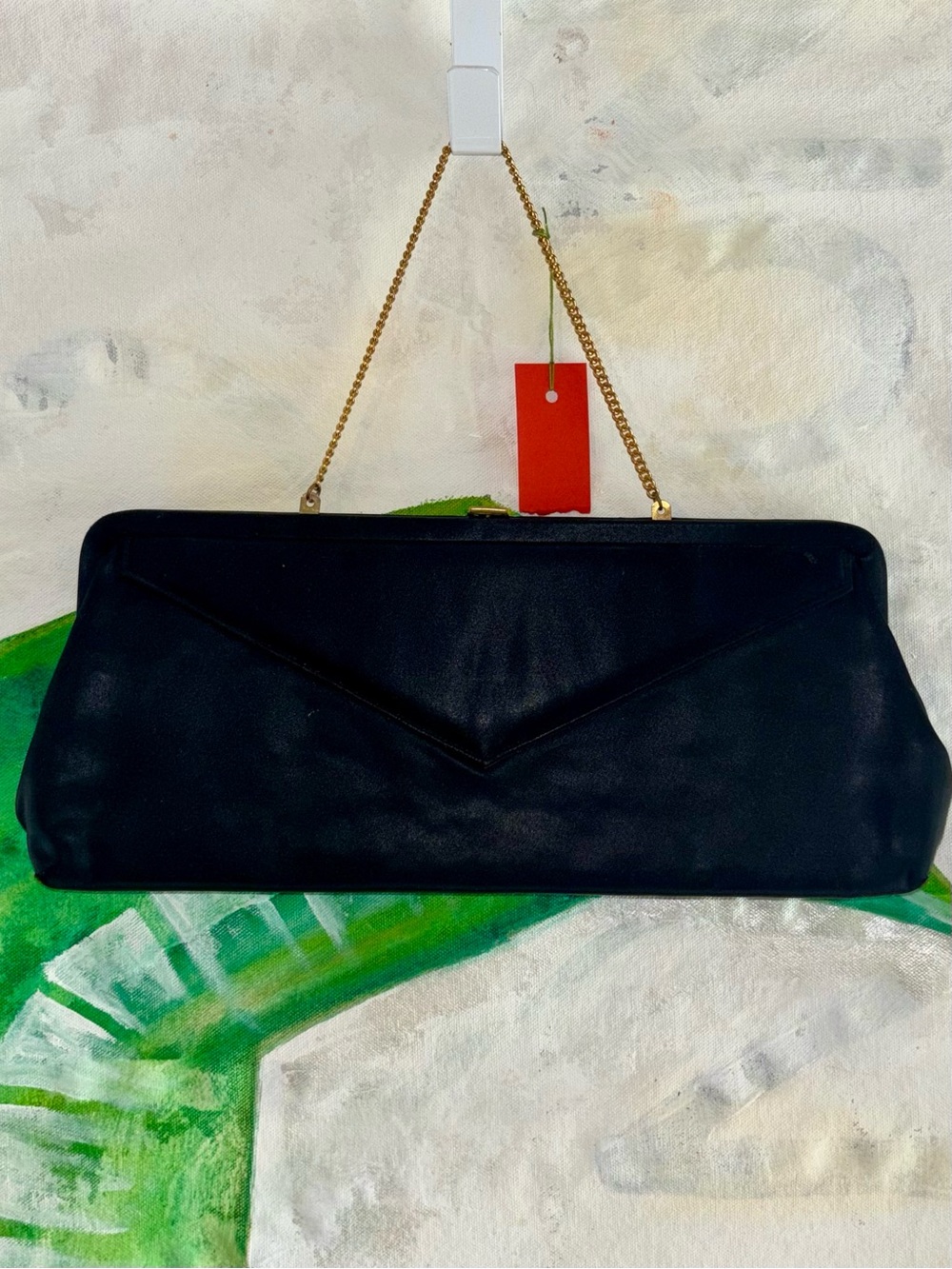 Vintage Black Satin Envelope Clutch with Gold Chain Strap